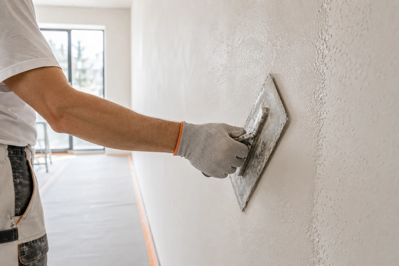 Handwerker glättet frischen Innenputz – Symbolbild