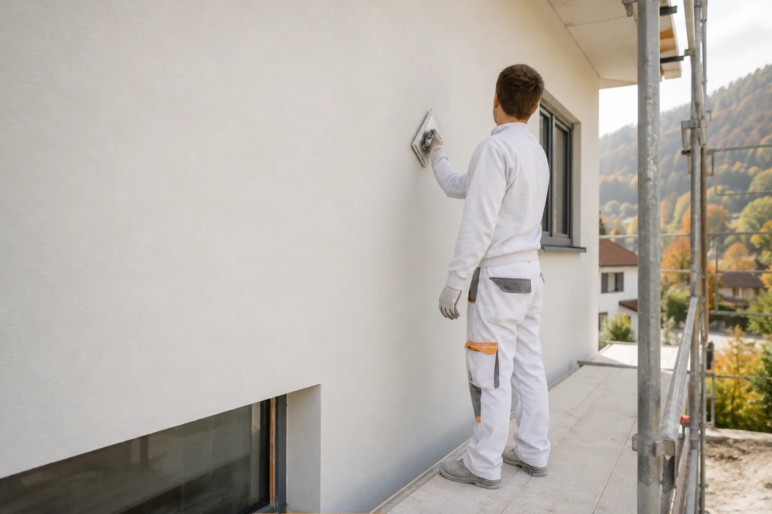 Facharbeiter glättet die Fassade eines modernen Hauses – Symbolbild